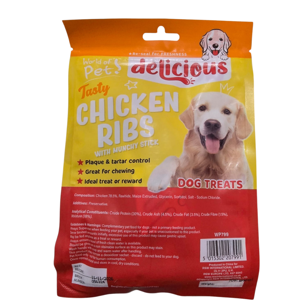 Delicious Chicken Ribs Dog Treats with Munchy Stick | 75% Real Chicken | Dental Chew for Dogs