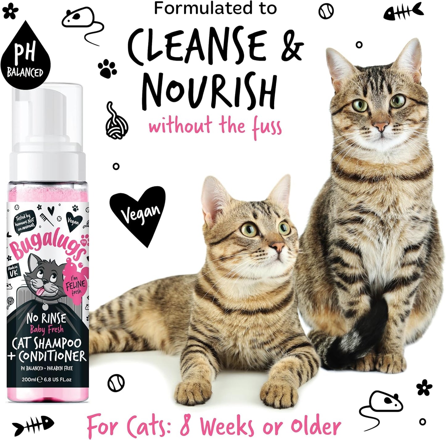 Bugalugs No Rinse Cat Shampoo & Conditioner with Baby Fresh Fragrance. Brush through, for cats and kittens. Foam action grooming dry shampoo kitten (200ml No Rinse Shampoo)