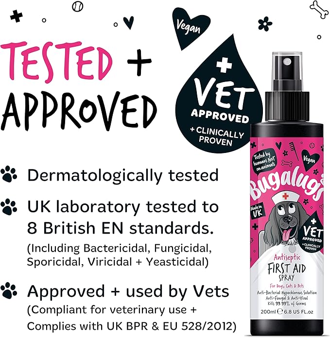 BUGALUGS First Aid Pet Antiseptic spray for dogs, puppy & cats 200ml - Antibacterial, Antiviral, Antifungal spray for cuts, wounds & itchy skin