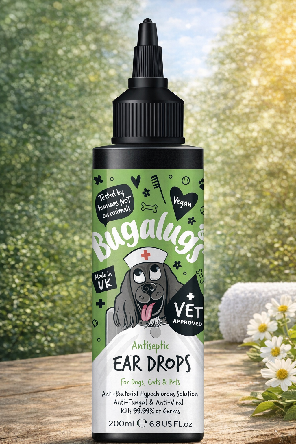 BUGALUGS Antiseptic Ear Drops 200ml – Ear Disinfection, Kills bacteria, Stops Odours, Scratching & Discomfort, Anti-fungal (Yeast), Veterinary-grade, for Dogs, Cats & all other animals