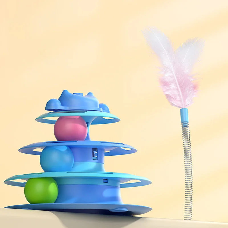 Interactive Cat Turntable Toy Feather Wand Rolling Ball Self Play Kitten Boredom Relief Indoor Pet Playing Accessory