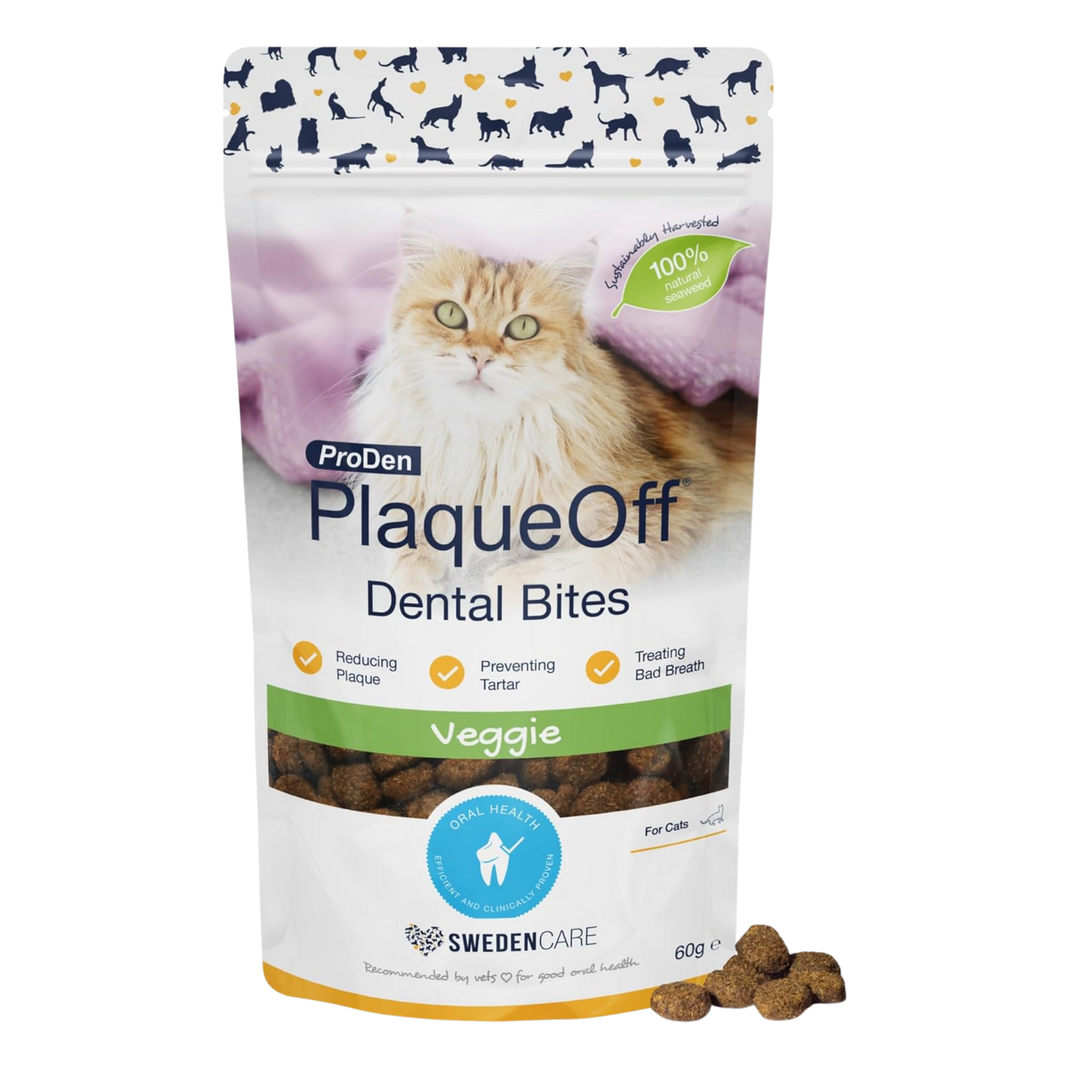 ProDen PlaqueOff Dental Bites for Cats Tartar & Bad Breath Remover 100% Natural Teeth Cleaner - Improve Overall Oral Health - Veggie Flavor 60g