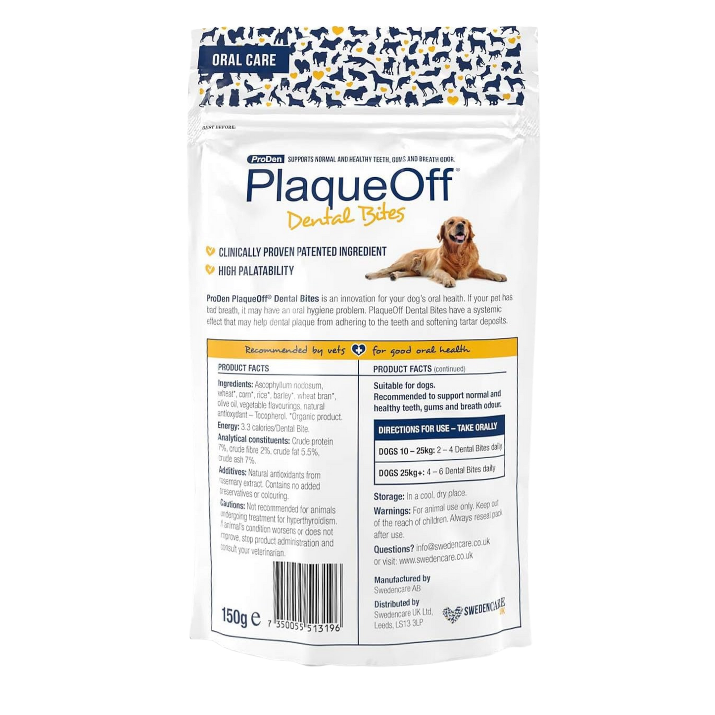 ProDen PlaqueOff Dental Bites for Dogs Tartar & Bad Breath Remover 100% Natural Teeth Cleaner and Tartar Remover - Improve Overall Oral Health - 150g