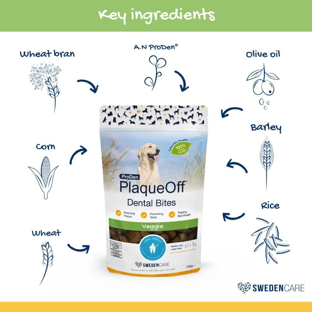 ProDen PlaqueOff Dental Bites for Dogs Tartar & Bad Breath Remover 100% Natural Teeth Cleaner and Tartar Remover - Improve Overall Oral Health - 150g