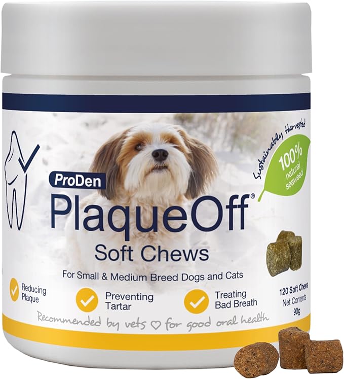 ProDen PlaqueOff 120 Soft Chews | Natural Plaque, Tartar & Bad Breath Remover for Small or Medium Dogs | Works Systemically Not by Abrasion or Chewing