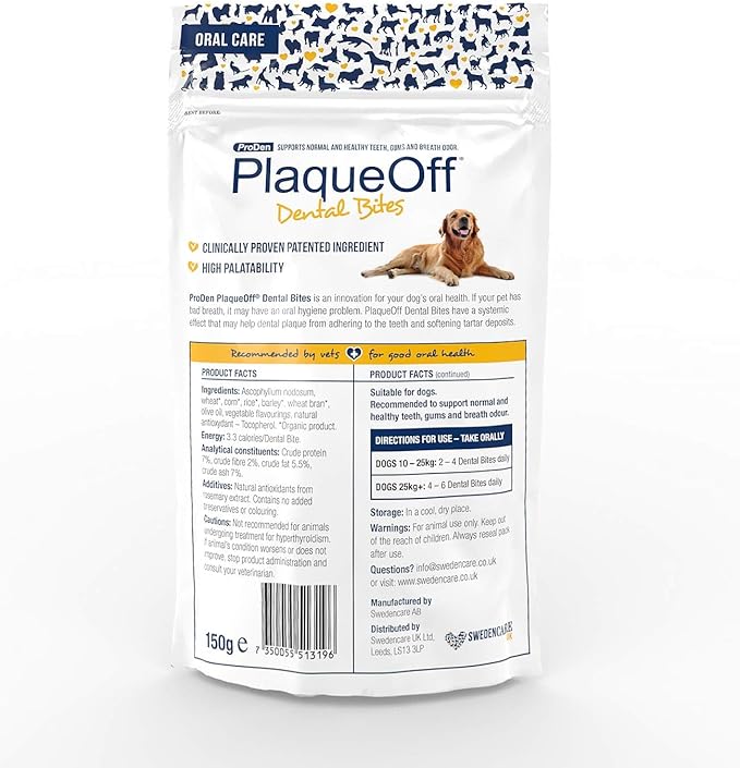 ProDen PlaqueOff Dental Bites for Dogs Tartar & Bad Breath Remover 100% Natural Teeth Cleaner and Tartar Remover - Improve Overall Oral Health - 150g