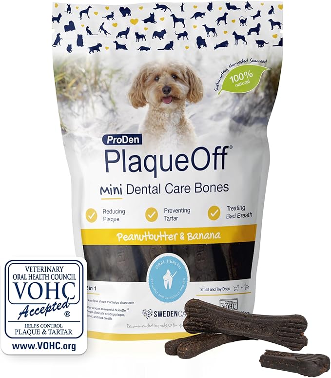 ProDen PlaqueOff 20 Mini Dental Bones for Small and Toy Dogs Tartar, Plaque & Bad Breath Remover, Improves Overall Oral Health(Peanut Butter & Banana)