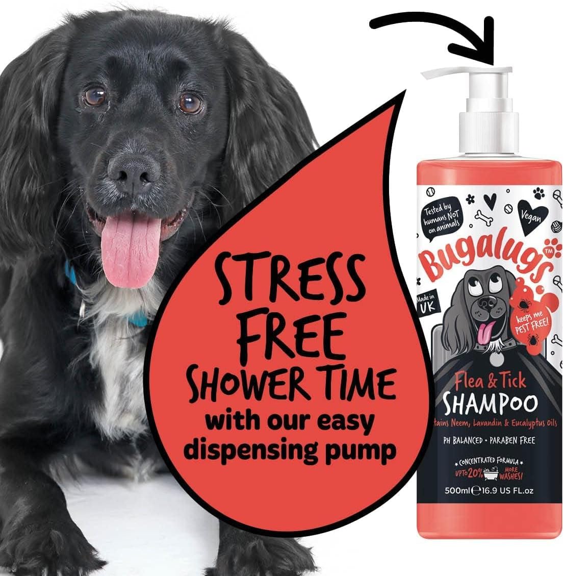 Flea and Tick Dog Shampoo by Bugalugs, Works on Smelly Puppies & Dogs, Contains Neem Oil & Eucalyptus Oils, PH Balanced Vegan Pet Shampoo, Used by Professional Groom