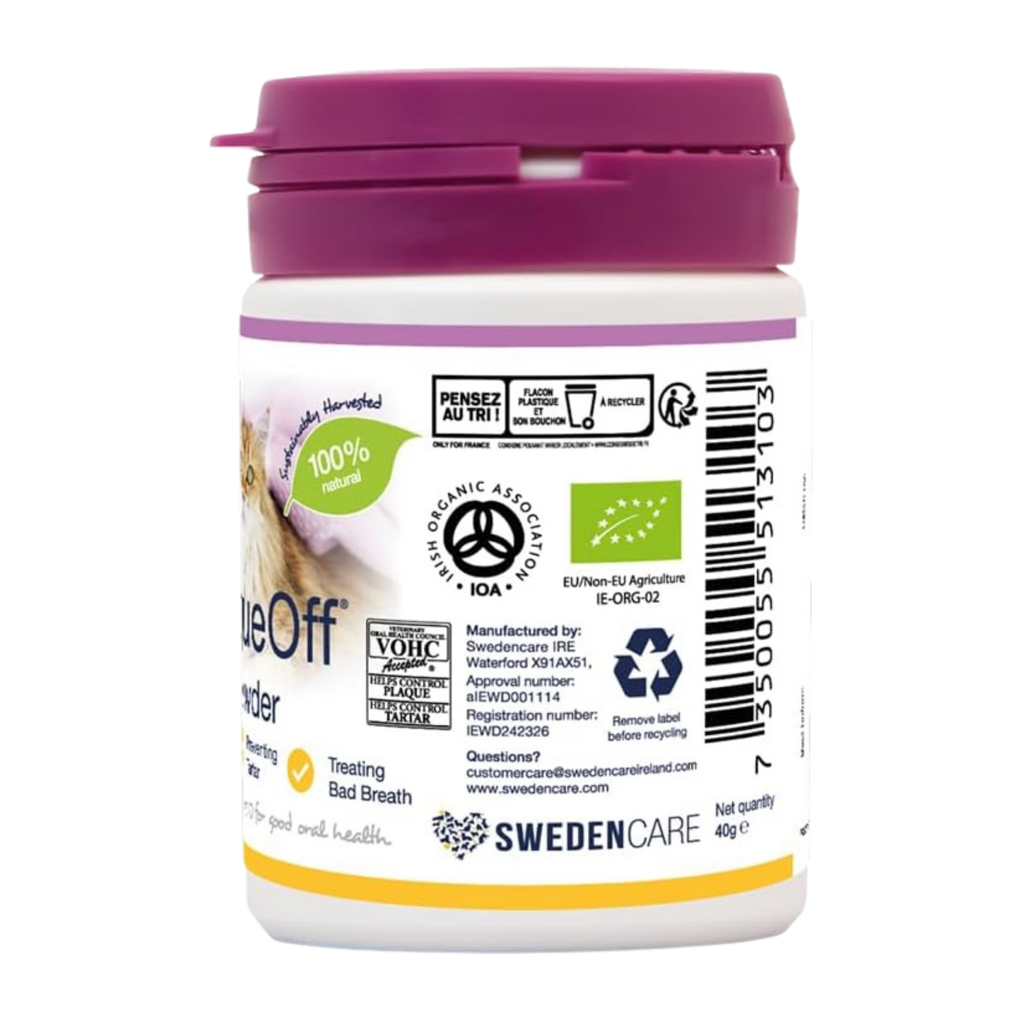 ProDen PlaqueOff 40g Powder for Cats, 100% Natural Tooth Care Powder, Protects Against Bad Breath, Helps with Tartar and Plaque