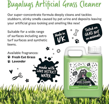 BUGALUGS Artificial Grass Cleaner - Dog Safe, Pet Disinfectant & Lawn Deodoriser - Puppy Urine Cleaner & Odour Eliminator - 1L Super Concentrate - Made in UK Cruelty Free (Fresh Cut Grass 1L)