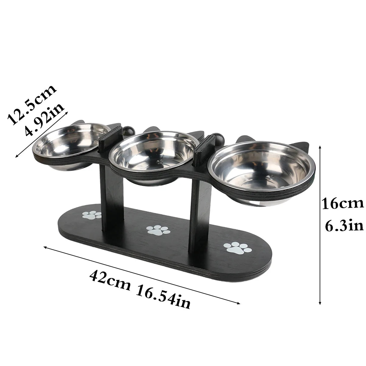 3-Tier Elevated Cat Bowl with Support Stands Wood & Stainless Steel Adjustable 15-Degree Angle Stand Slanted Pet Food Bowl