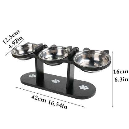 3-Tier Elevated Cat Bowl with Support Stands Wood & Stainless Steel Adjustable 15-Degree Angle Stand Slanted Pet Food Bowl