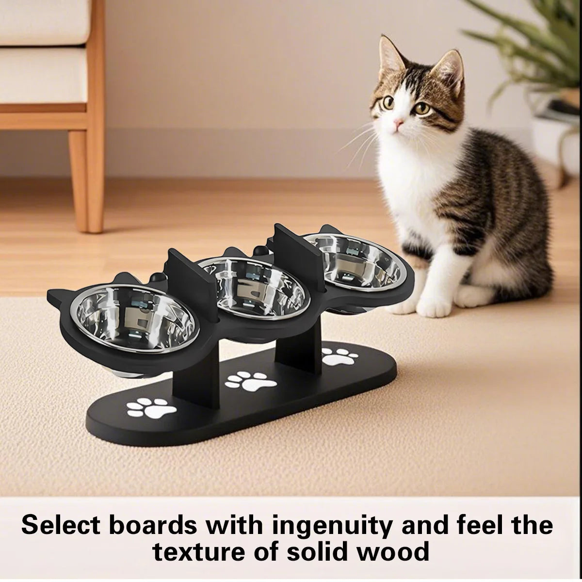 3-Tier Elevated Cat Bowl with Support Stands Wood & Stainless Steel Adjustable 15-Degree Angle Stand Slanted Pet Food Bowl