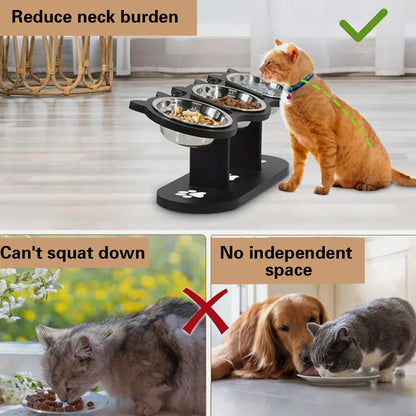 3-Tier Elevated Cat Bowl with Support Stands Wood & Stainless Steel Adjustable 15-Degree Angle Stand Slanted Pet Food Bowl