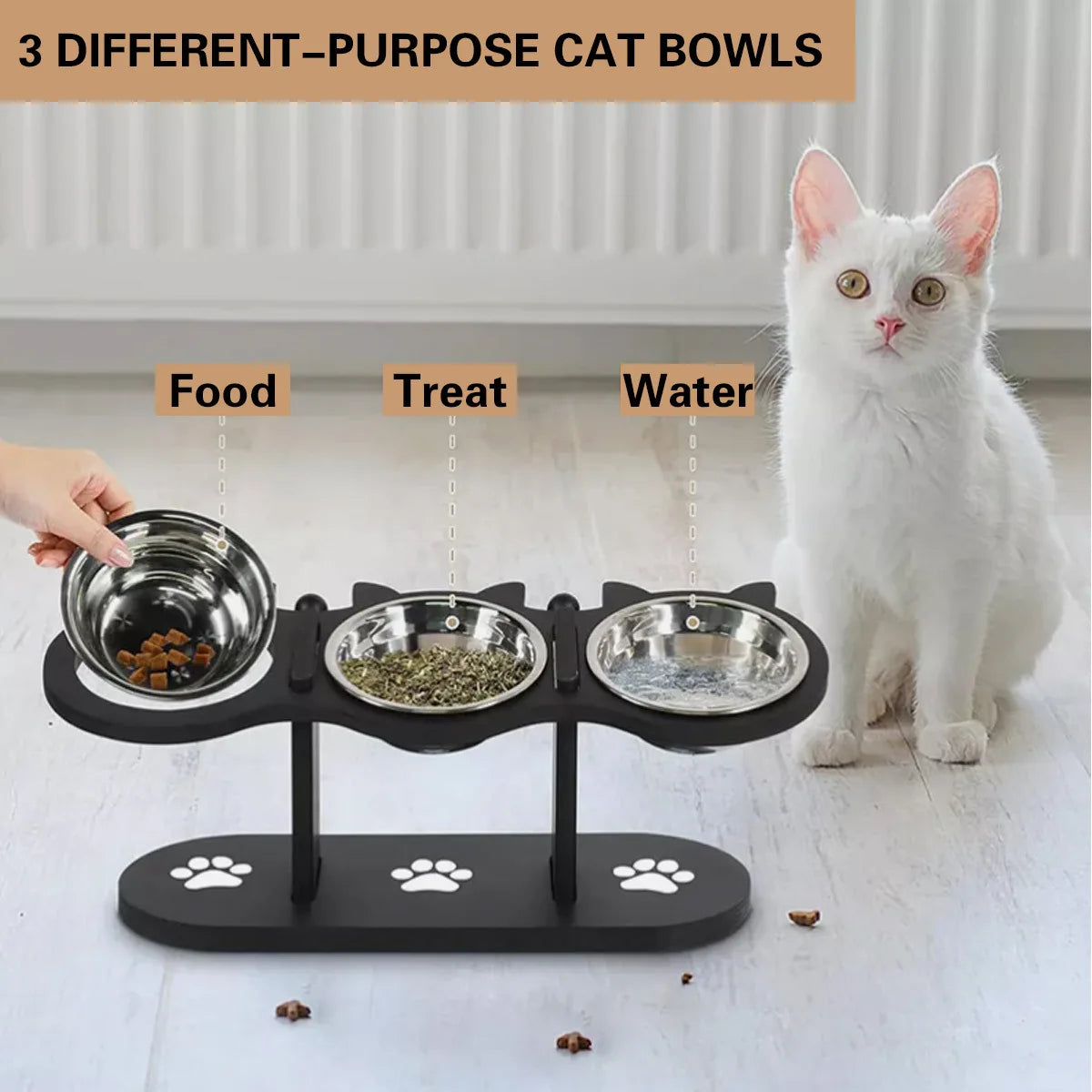 3-Tier Elevated Cat Bowl with Support Stands Wood & Stainless Steel Adjustable 15-Degree Angle Stand Slanted Pet Food Bowl