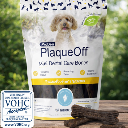 ProDen PlaqueOff 20 Mini Dental Bones for Small and Toy Dogs Tartar, Plaque & Bad Breath Remover, Improves Overall Oral Health(Peanut Butter & Banana)