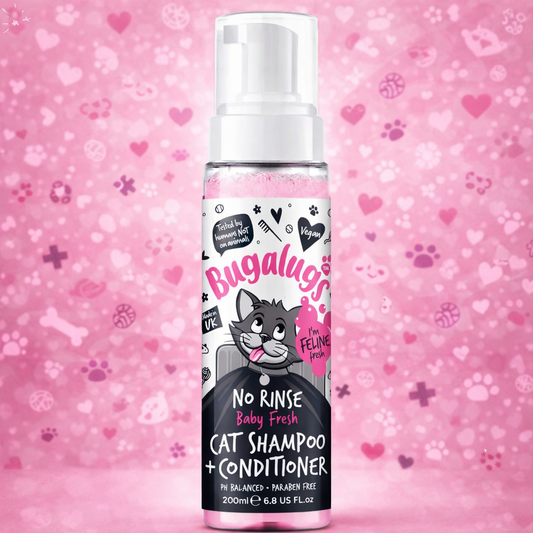 Bugalugs No Rinse Cat Shampoo & Conditioner with Baby Fresh Fragrance. Brush through, for cats and kittens. Foam action grooming dry shampoo kitten (200ml No Rinse Shampoo)