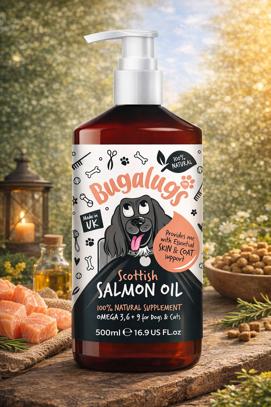Bugalugs Scottish Salmon Oil For Dogs & Cats, Dog Supplement Support for Skin And Coat, Itchy Skin & Moulting, Omega 3 Fish Oil (Salmon, 500ml)