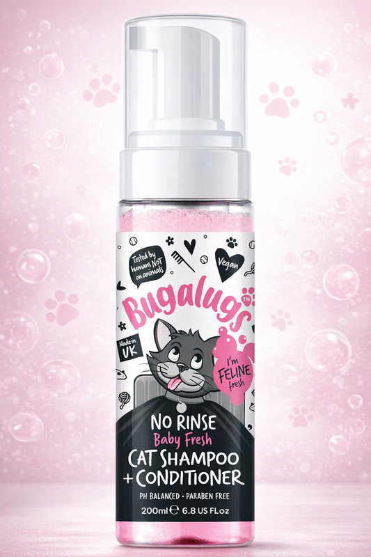 Bugalugs No Rinse Cat Shampoo & Conditioner with Baby Fresh Fragrance. Brush through, for cats and kittens. Foam action grooming dry shampoo kitten (200ml No Rinse Shampoo)
