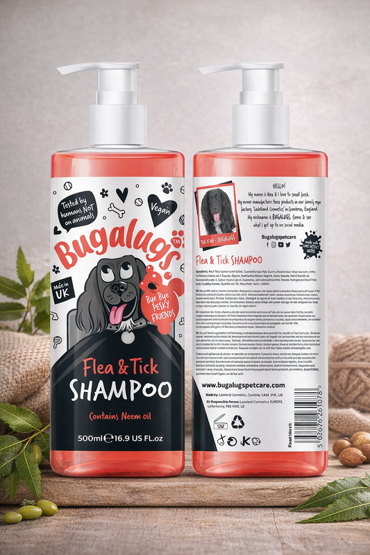 Flea and Tick Dog Shampoo by Bugalugs, Works on Smelly Puppies & Dogs, Contains Neem Oil & Eucalyptus Oils, PH Balanced Vegan Pet Shampoo, Used by Professional Groom