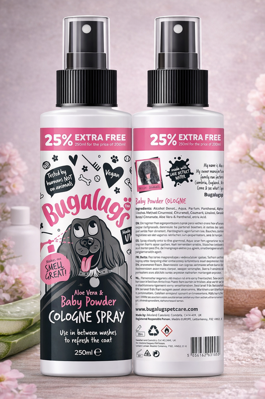 Bugalugs Dog Perfume Spray with Aloe Vera & Baby Powder Cologne great Pet Odour Eliminator Deodorant Spray for Smelly Dogs can use as Dry Shampoo