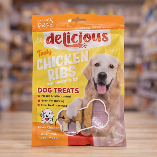 Delicious Chicken Ribs Dog Treats with Munchy Stick | 75% Real Chicken | Dental Chew for Dogs
