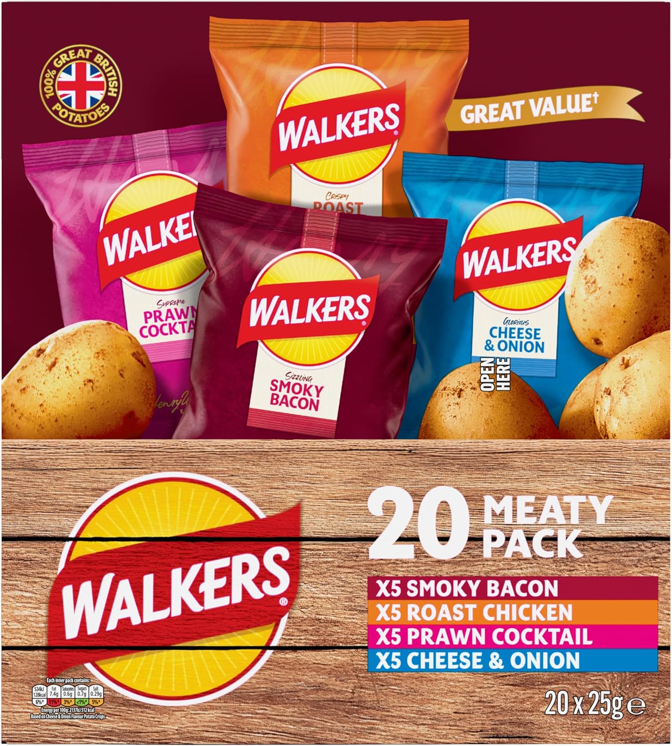 Walkers Meaty Variety Multipack Crisps Box 20x25g, Red