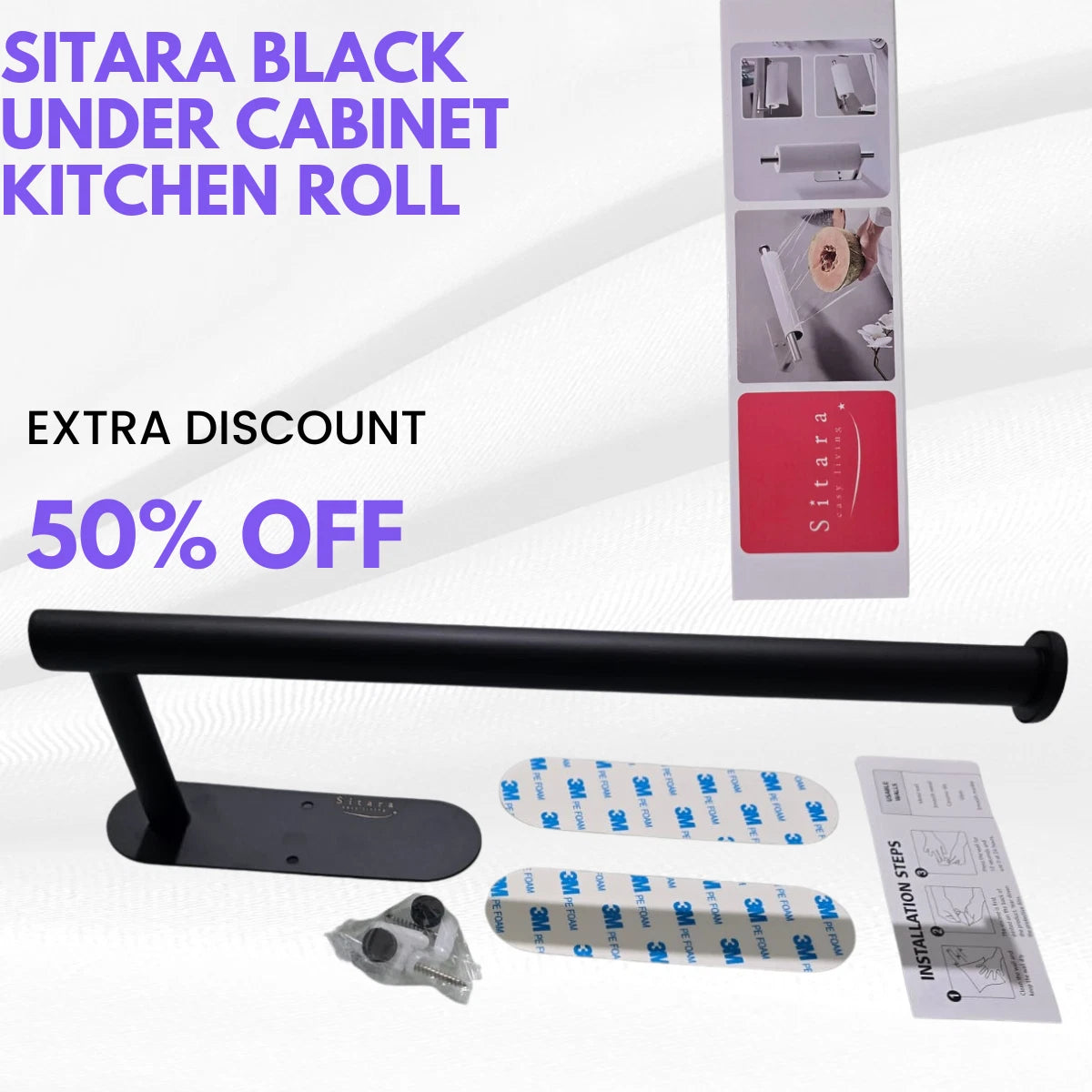 Sitara Black Under Cabinet Kitchen Roll Holder 33.5cm | Space-Saving Paper Towel Holder