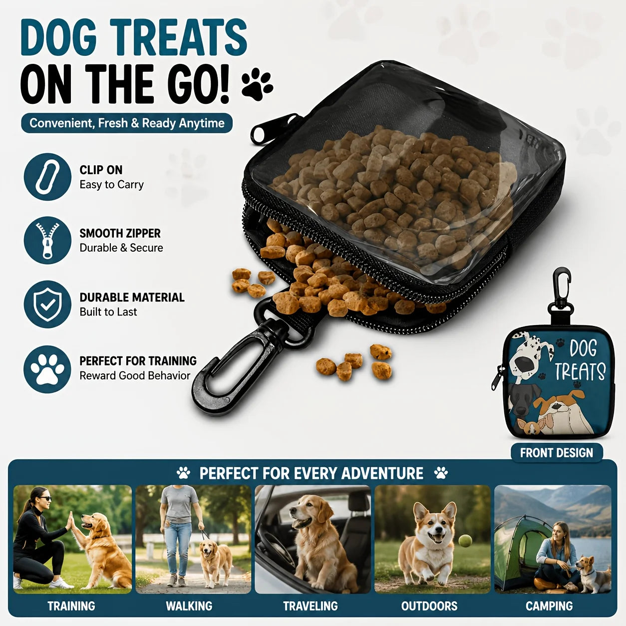 Portable Dog Snack Bag with Transparent Window and Zipper - Clip-on Training Snack Bag for Walking, Outdoors, and Daily Rewards
