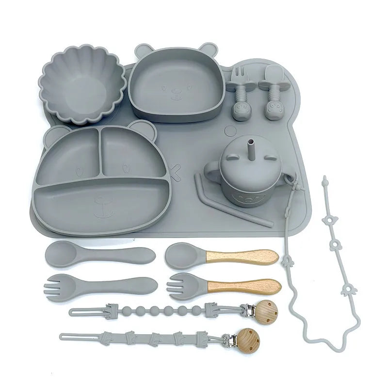 Children's Silicone Meal Plate Complementary Meal Plate Set Bear Cartoon Compartmentalized Complementary Plate with Suction Cups