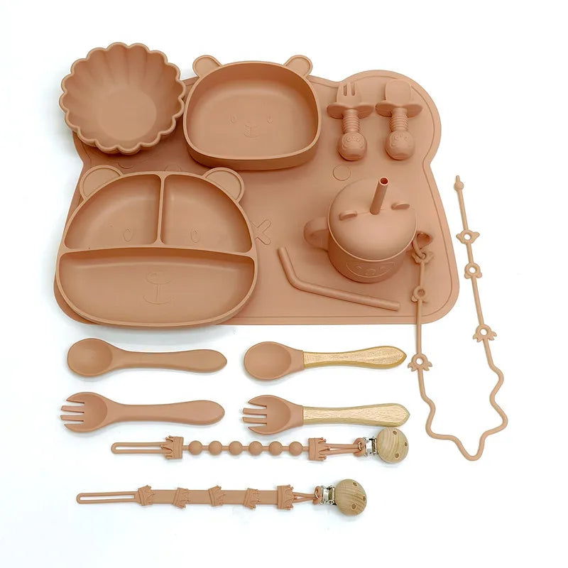 Children's Silicone Meal Plate Complementary Meal Plate Set Bear Cartoon Compartmentalized Complementary Plate with Suction Cups