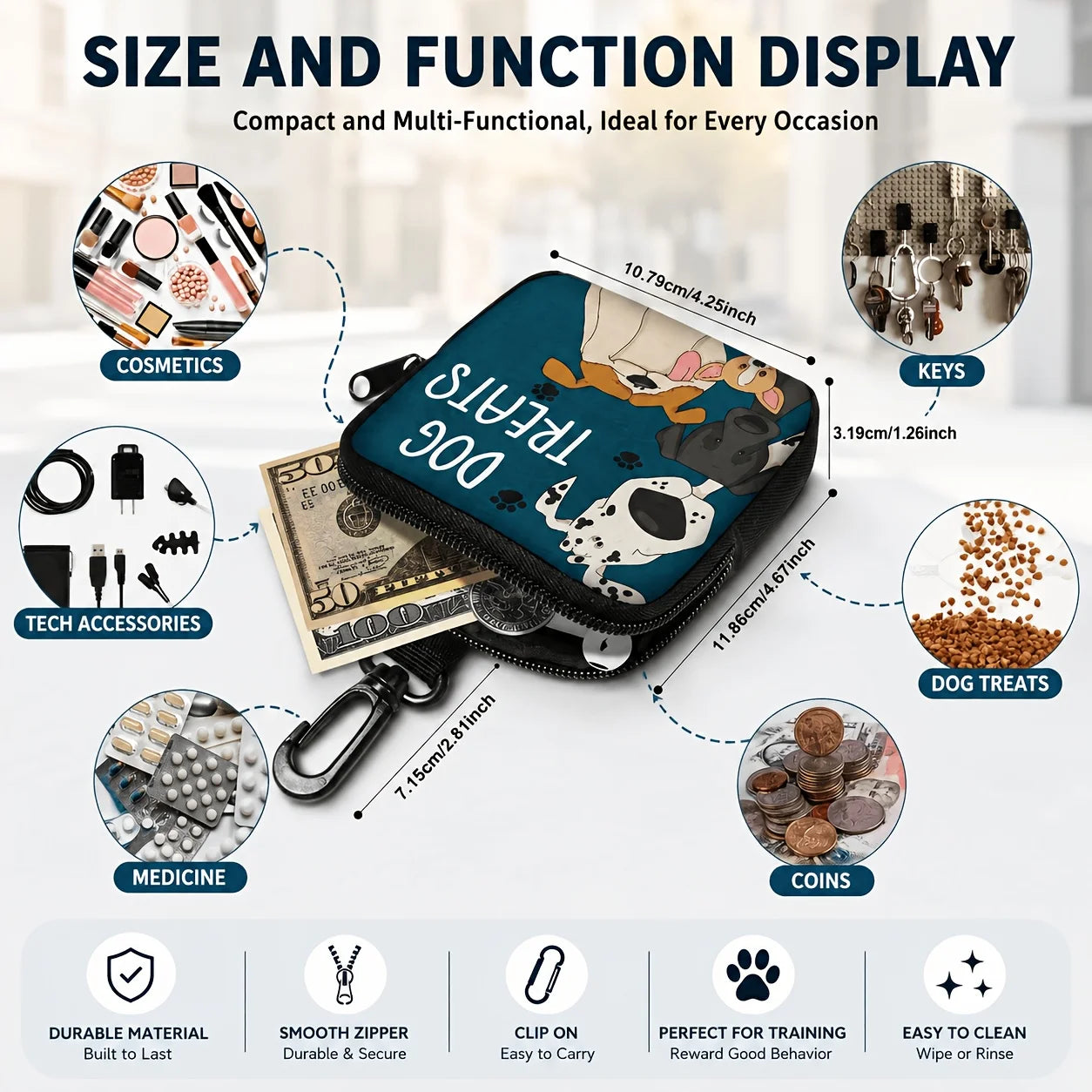 Portable Dog Snack Bag with Transparent Window and Zipper - Clip-on Training Snack Bag for Walking, Outdoors, and Daily Rewards