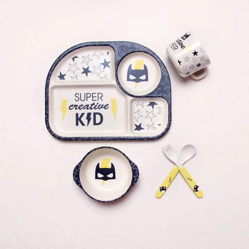 Cartoon Bamboo Fiber Baby Feeding Plate Children Tableware Tray Dish Bowl Fork Spoon Cup Food Training Dinnerware Set Kids Gift