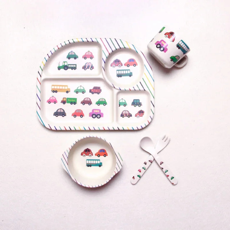 Cartoon Bamboo Fiber Baby Feeding Plate Children Tableware Tray Dish Bowl Fork Spoon Cup Food Training Dinnerware Set Kids Gift