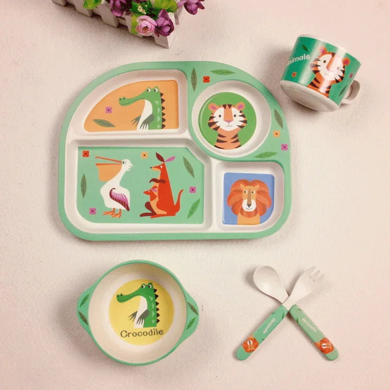 Cartoon Bamboo Fiber Baby Feeding Plate Children Tableware Tray Dish Bowl Fork Spoon Cup Food Training Dinnerware Set Kids Gift