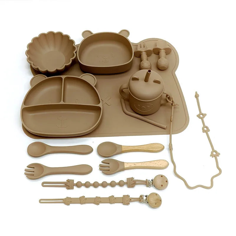 Children's Silicone Meal Plate Complementary Meal Plate Set Bear Cartoon Compartmentalized Complementary Plate with Suction Cups