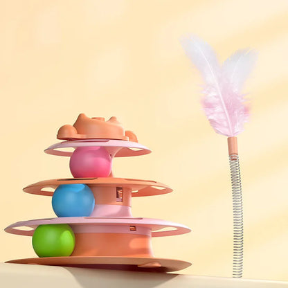 Interactive Cat Turntable Toy Feather Wand Rolling Ball Self Play Kitten Boredom Relief Indoor Pet Playing Accessory