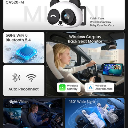 VIKEFON Cabin Care Wireless CarPlay Adapter 1080P HD Baby Car Camera 150° Wide-angle Night Vision split-screen Backseat Monitor