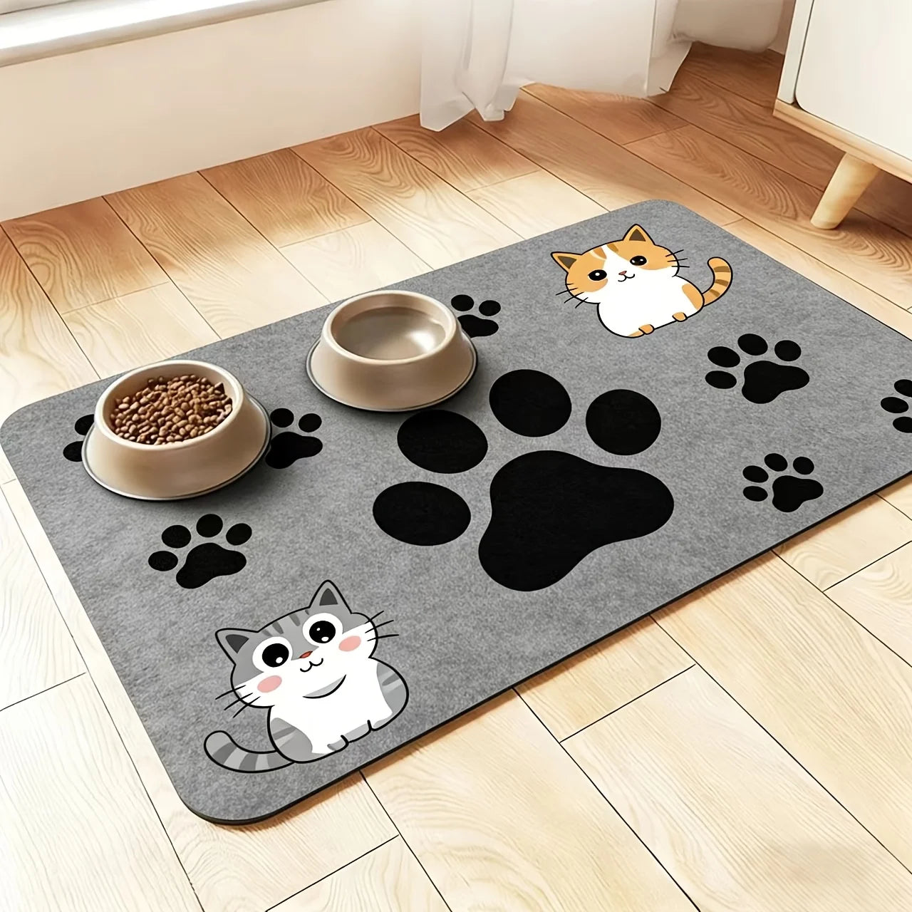 VIKAMA Cartoon Tiger-Striped Kitten Pet Meal Mat, Anti-Slip Cat Food Bowl Mat, Anti-Spill Household Pet Feeding Mat