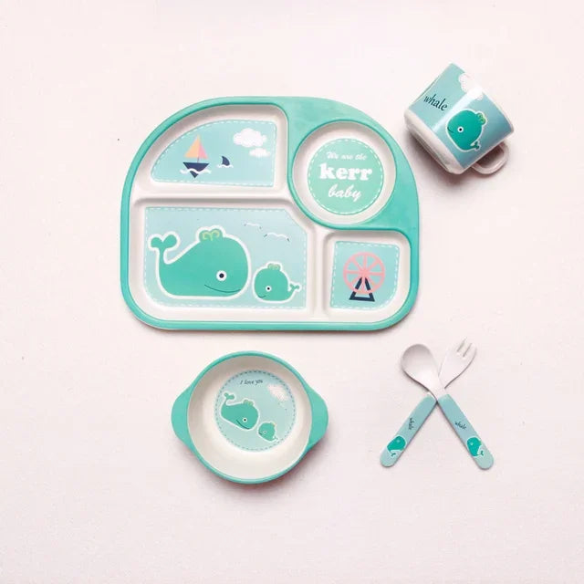 Cartoon Bamboo Fiber Baby Feeding Plate Children Tableware Tray Dish Bowl Fork Spoon Cup Food Training Dinnerware Set Kids Gift
