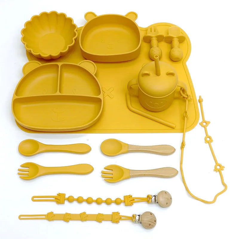 Children's Silicone Meal Plate Complementary Meal Plate Set Bear Cartoon Compartmentalized Complementary Plate with Suction Cups