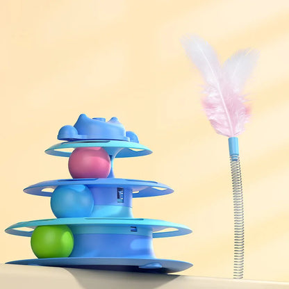 Interactive Cat Turntable Toy Feather Wand Rolling Ball Self Play Kitten Boredom Relief Indoor Pet Playing Accessory