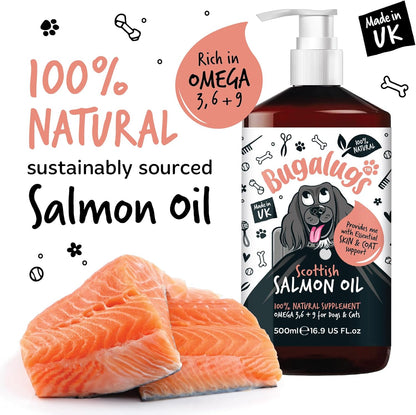 Bugalugs Scottish Salmon Oil For Dogs & Cats, Dog Supplement Support for Skin And Coat, Itchy Skin & Moulting, Omega 3 Fish Oil (Salmon, 500ml)