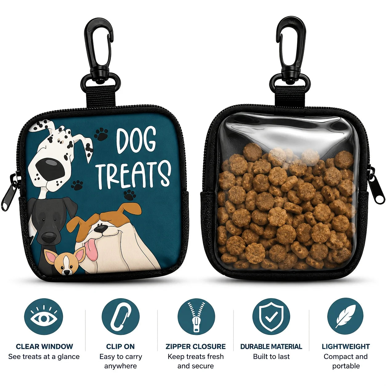 Portable Dog Snack Bag with Transparent Window and Zipper - Clip-on Training Snack Bag for Walking, Outdoors, and Daily Rewards