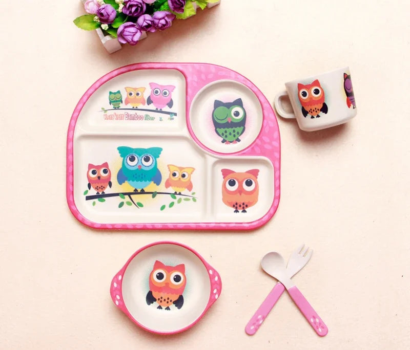 Cartoon Bamboo Fiber Baby Feeding Plate Children Tableware Tray Dish Bowl Fork Spoon Cup Food Training Dinnerware Set Kids Gift