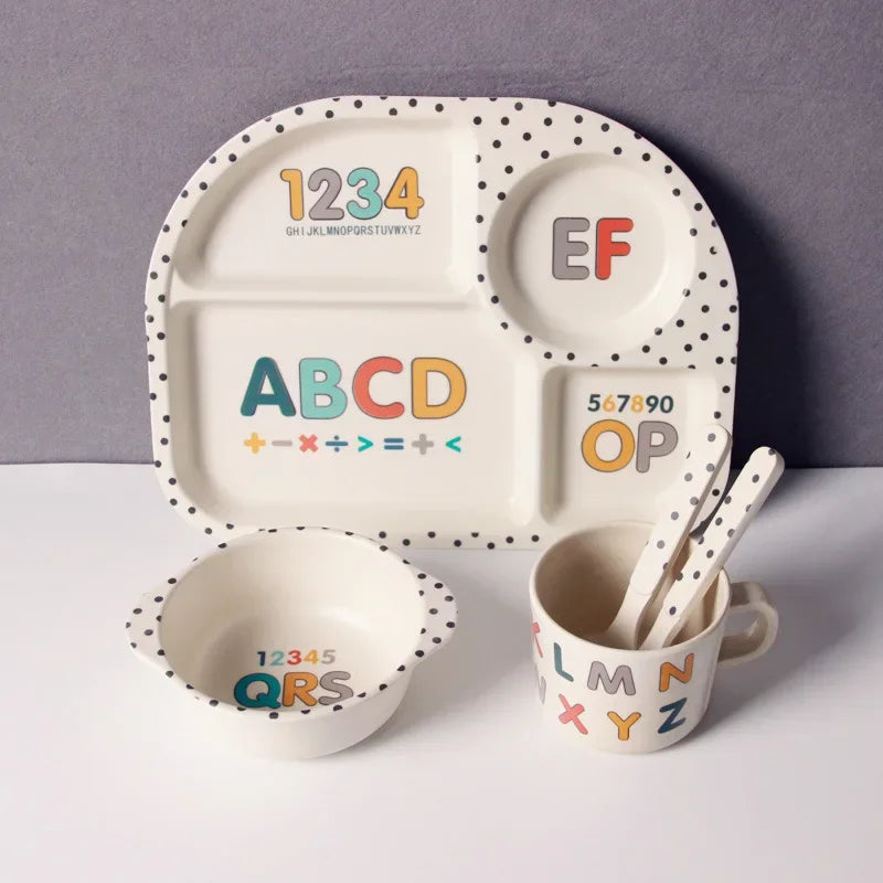 Cartoon Bamboo Fiber Baby Feeding Plate Children Tableware Tray Dish Bowl Fork Spoon Cup Food Training Dinnerware Set Kids Gift