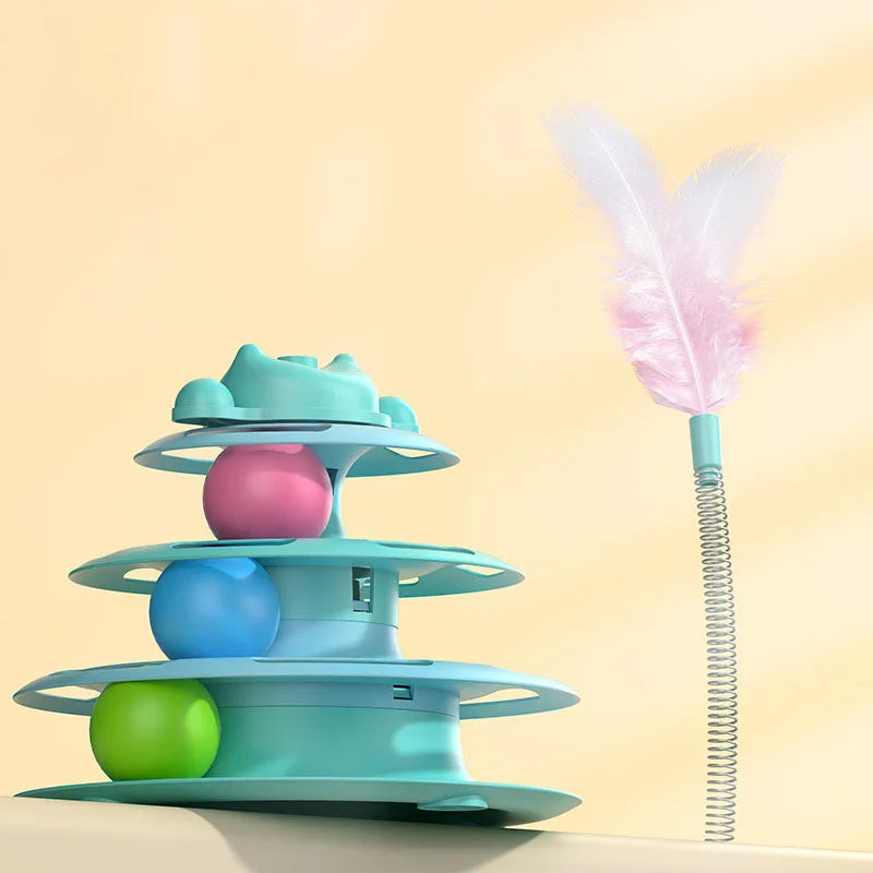 Interactive Cat Turntable Toy Feather Wand Rolling Ball Self Play Kitten Boredom Relief Indoor Pet Playing Accessory