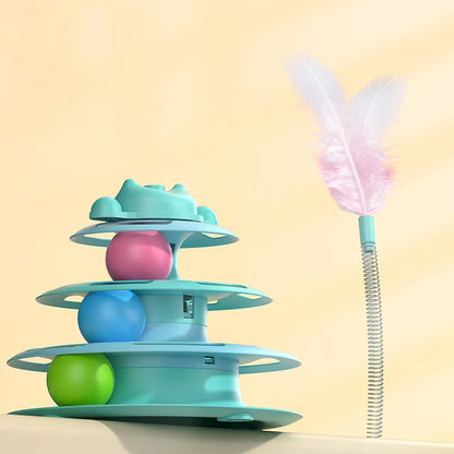 Interactive Cat Turntable Toy Feather Wand Rolling Ball Self Play Kitten Boredom Relief Indoor Pet Playing Accessory