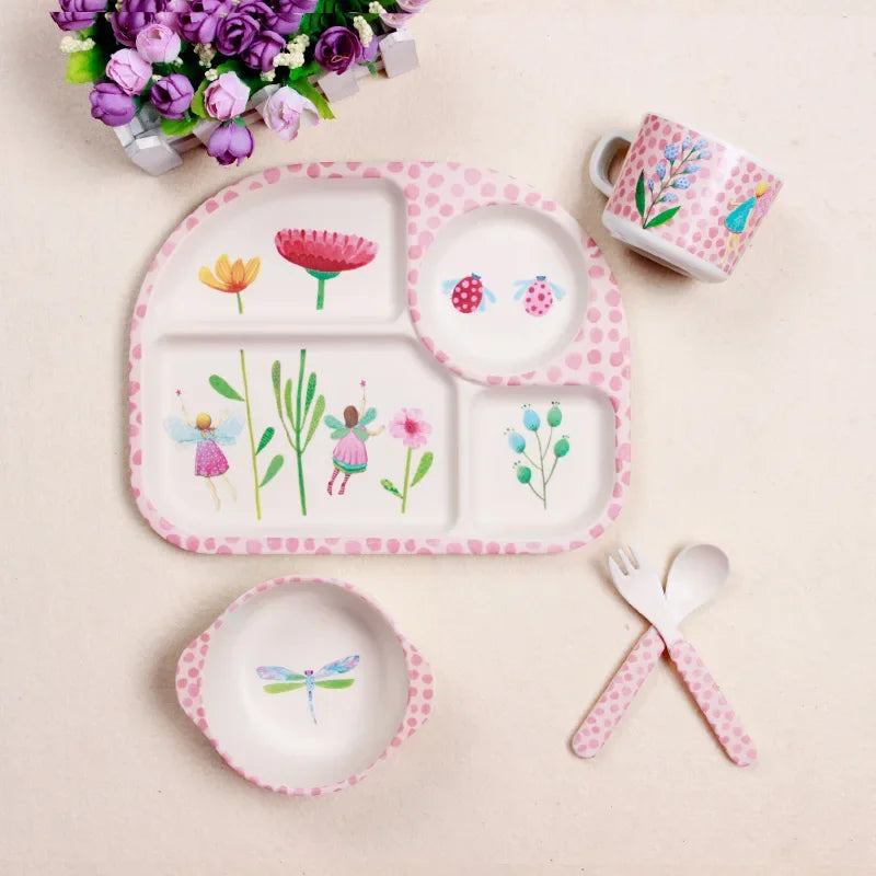 Cartoon Bamboo Fiber Baby Feeding Plate Children Tableware Tray Dish Bowl Fork Spoon Cup Food Training Dinnerware Set Kids Gift