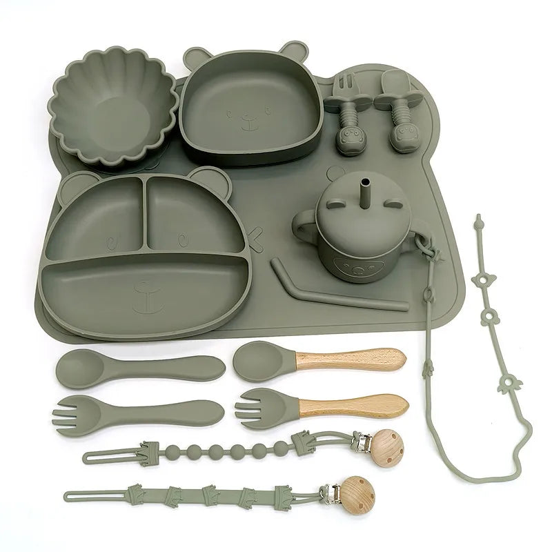 Children's Silicone Meal Plate Complementary Meal Plate Set Bear Cartoon Compartmentalized Complementary Plate with Suction Cups